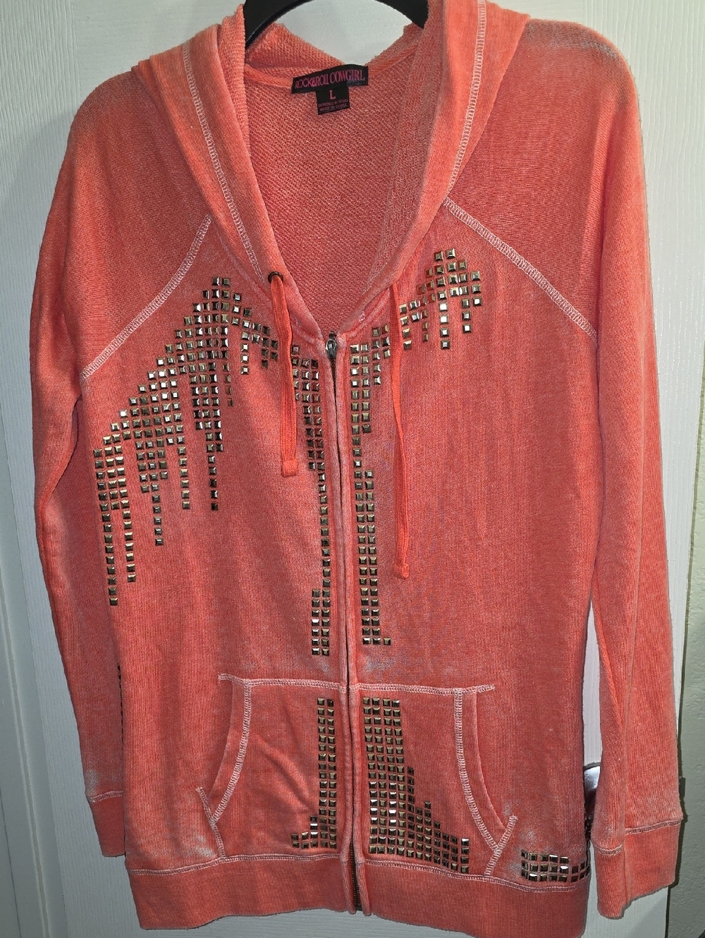 Rock & Roll Cowgirl Coral Distressed Studded Zip Hoodie Size L